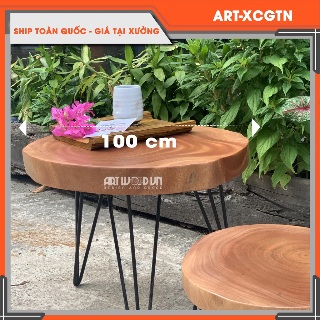 Bộ bàn ghế  cà phê , trà ARTWOODVN bằng gỗ xà cừ tự nhiên nguyên tấm ,ĐK bàn 40-44cm/cao 45cm,ĐK ghế 26-30cm/cao 33cm