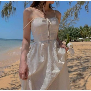 Đầm trắng maxi 2 dây viền ren DD123