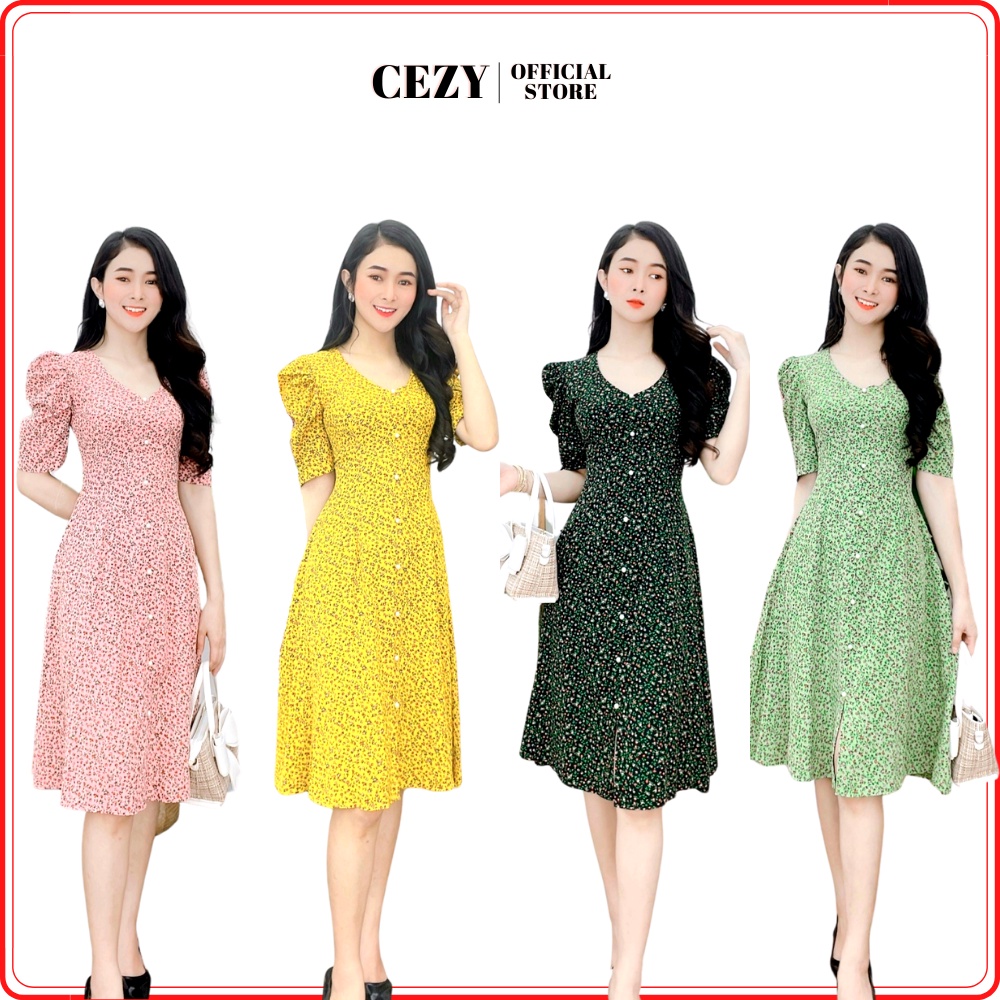 Đầm hoa nhí cổ tim tay phồng có size bigsize CEZY D55