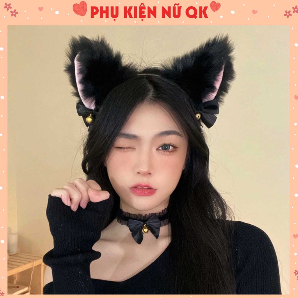 Bờm cài tóc nữ tai mèo đen trắng có chuông và không chuông, bờm tóc tai mèo Cosplay xinh xắn cho nữ BD9
