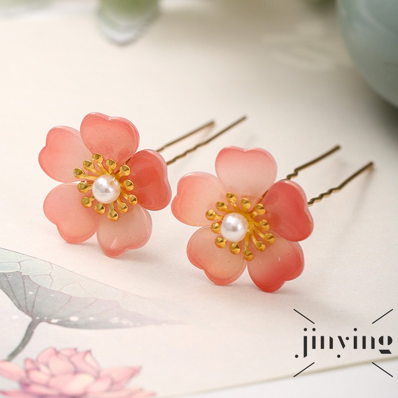 Bộ 2 trâm cài tóc trang trí hình bông hoa màu hồng phối màu vàng đồng đính ngọc nhân tạo đơn giản cho cô dâu/phù dâu