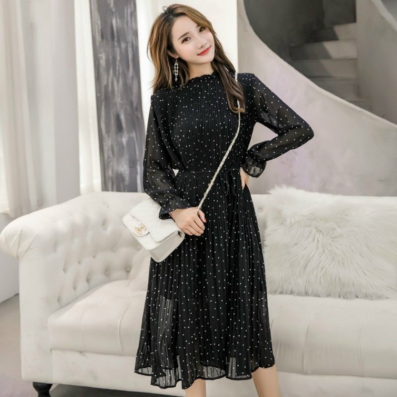 Váy Bầu Thu Đông Dài Tay, Đầm Bầu Chấm Bi 2 Lớp,Xếp Ly Siêu Xinh, Kèm Dây Đai Buộc Eo, Cổ Bèo Dáng Suông A122 Linstore66