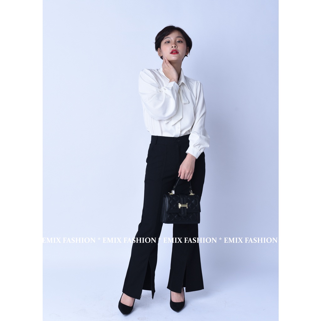 Quần tây nữ ống loe xẻ trước EMIX (màu đen), basic trousers, dáng dài, cạp thấp, ống ôm và loe, chất tuytxi đẹp 20266