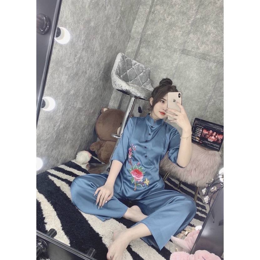 Đồ Lam Đi Chùa #Mẫu Hoa Xuân Lụa Satin# Quần Áo Nữ
