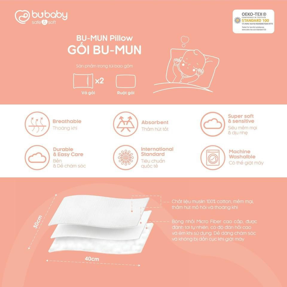 Gối Bu Baby Mun cho bé trai bé gái mềm mại thoải mái cao cấp (1 ruột-2 vỏ)