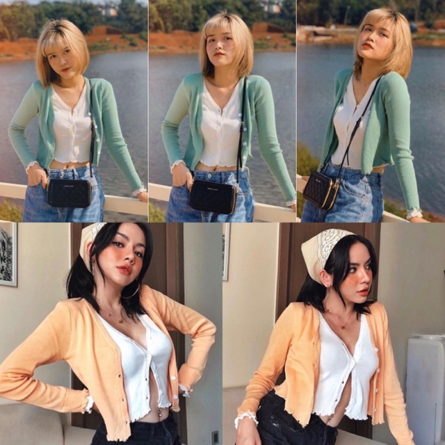 Áo Kiểu tay dài croptop Joyce Top Ulzzang gồm 2 lớp áo mặc được 2 kiểu style hàn xẻng from chuẩn dễ mix