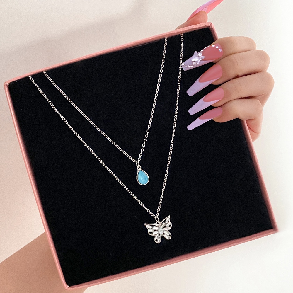 Vòng cổ Bạc Nhiều Lớp Mặt Hình Bướm Đính Đá Nhiều Màu Sắc Phong Cách Cổ Điển Cho Nữ