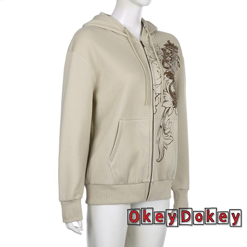Odokey-y2k Áo Khoác Hoodie Dài Tay Có Khóa Kéo In Họa Tiết Vintage Cho Nữ