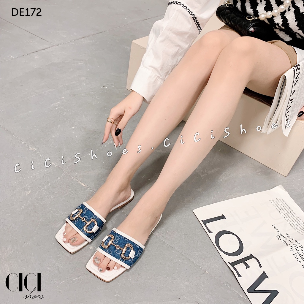 Dép bệt nữ CiCi Shoes mũi vuông, dép quai ngang vải bò - DE172