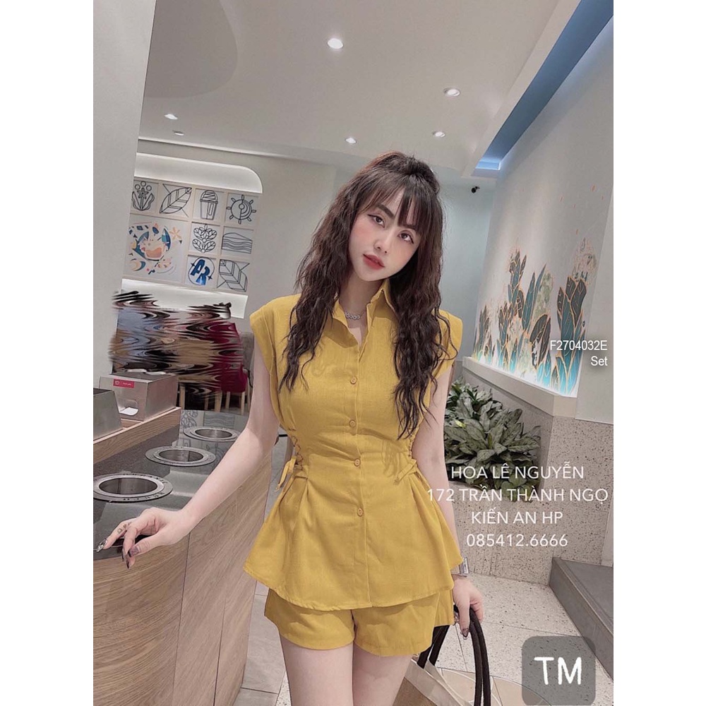Set 2 món áo sơ mi đan dây hai bên eo sát nách phối quần short!
