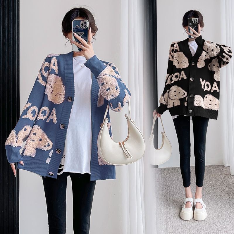 Áo Khoác Len, Áo Cadigan Dáng Dài Bigsize From Rộng Họa Tiết Full Gấu Siêu Cute Phù Hợp Đi Chơi Đi Dạo Phố Ak1102