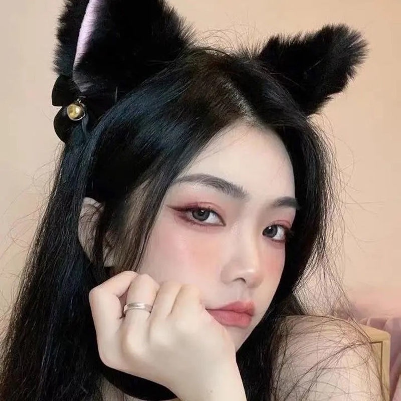 Băng đô AISHG kiểu tai mèo nhung trắng đen phong cách Hàn Quốc cho nữ