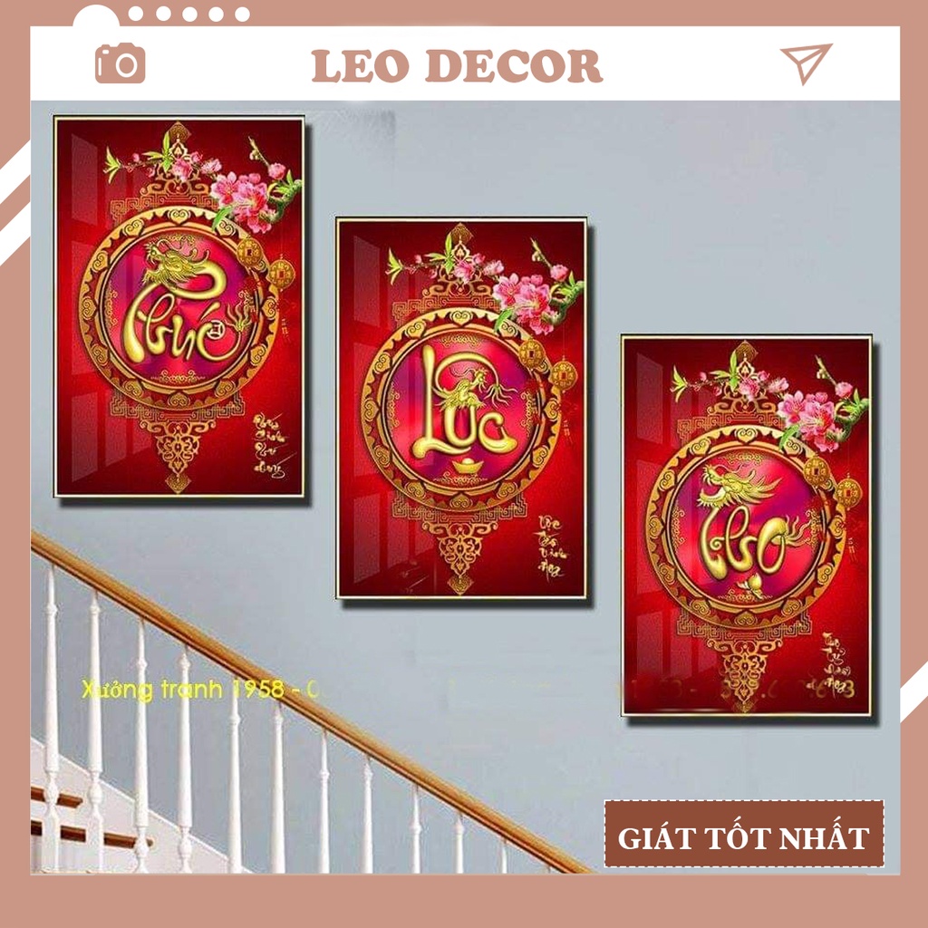 Bộ 3 tranh PHÚC LỘC THỌ chất liệu tráng gương cao cấp, tranh treo phòng khách, cầu thang