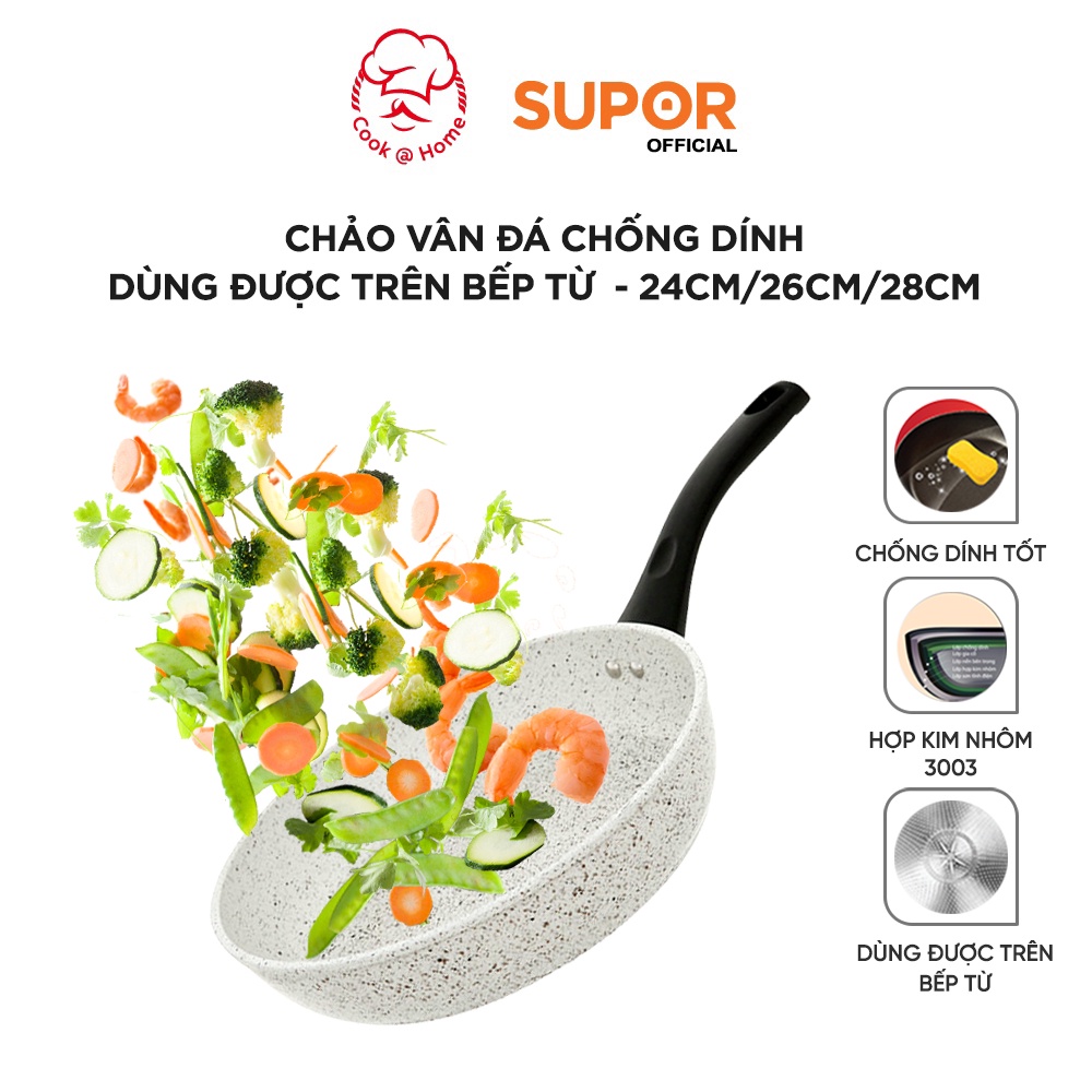 Chảo vân đá chống dính dùng trên bếp từ Supor Rock size 24, 26, 28cm  F23A24IH  F23A26IH  F23A28IH