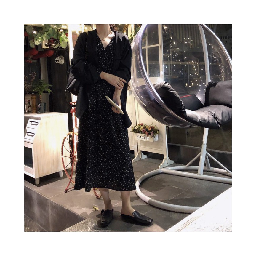 [CÓ SẴN] Đầm hoa nhí dáng dài cổ V dài tay bo chun eo vintage Hàn Quốc ulzzang | BigBuy360 - bigbuy360.vn