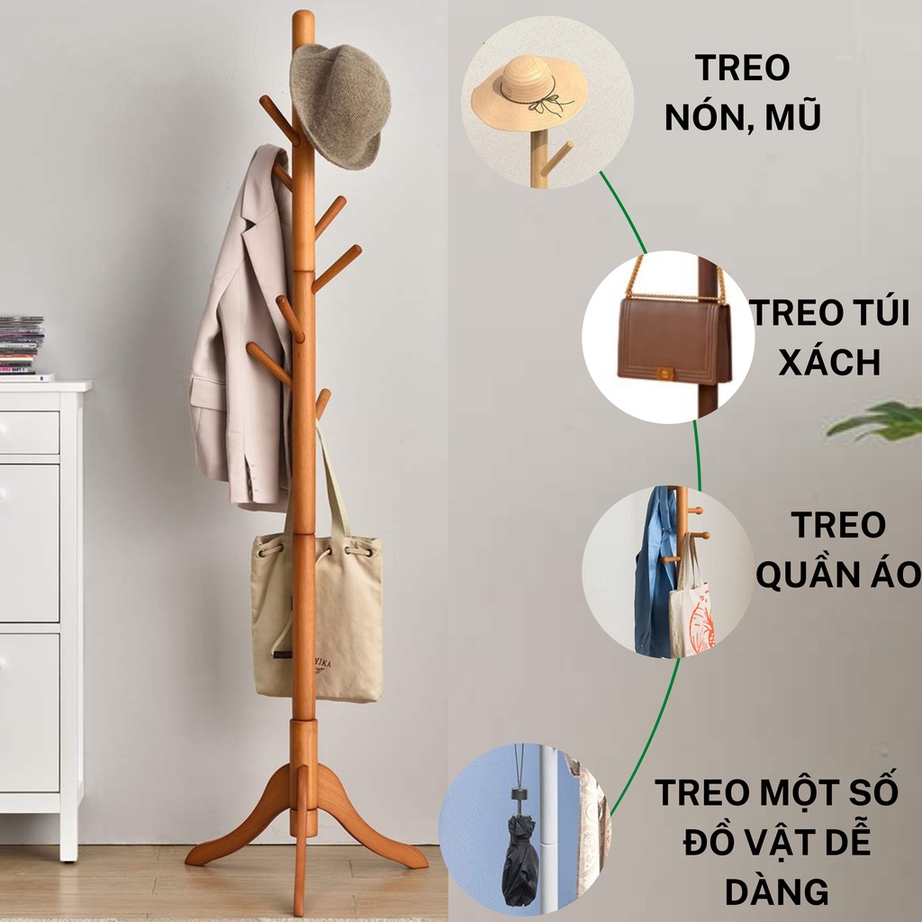 Cây treo quần áo VIVUDECOR CT08 100% gỗ tự nhiên 8 nhánh