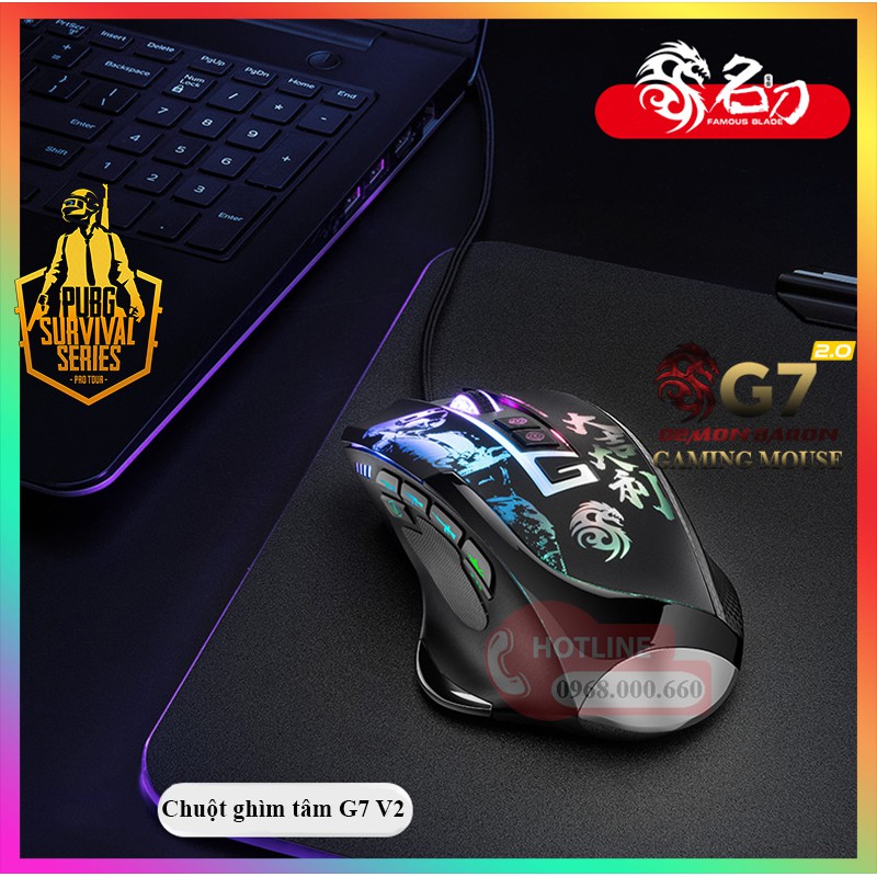 Chuột ghìm tâm G7 V3.0Demon Baron | Phiên bản nâng cấp 11 nút | Hỗ trợ ghìm tâm PUBG, Led RGB Autotap, ghìm tâm PUBG