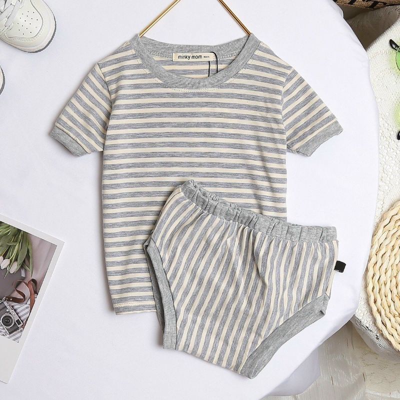 48.[HCM] Bộ chip sọc dành cho trẻ em 5-13kg vừa, Cotton thun lạnh Minky Mom, vải Sài Gòn