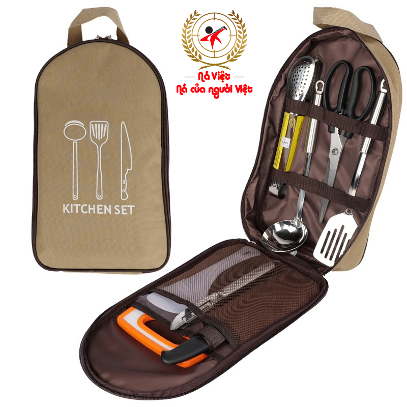 Bộ dụng cụ nấu ăn dã ngoại có túi đựng - Bộ dụng cụ nấu ăn 8 món dùng khi đi du lịch, dã ngoại [DCP5]]
