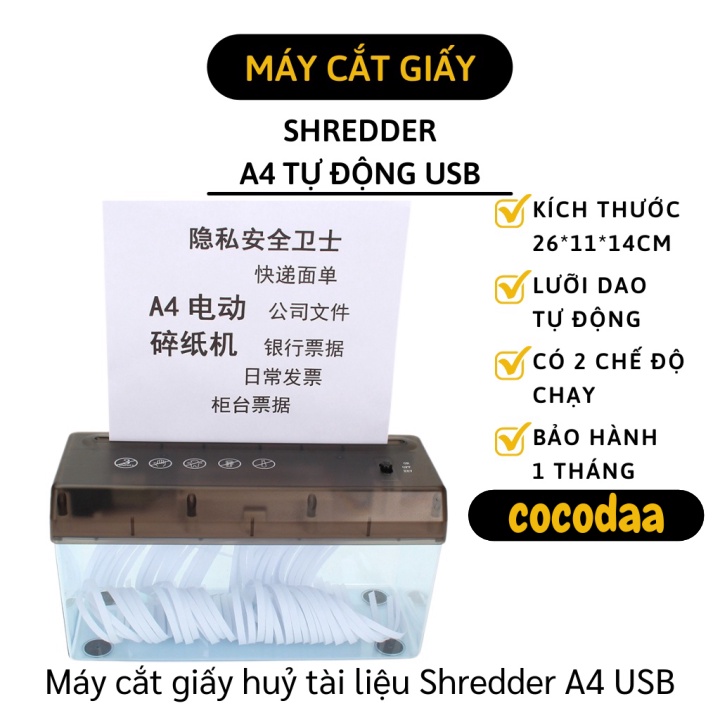 Máy cắt giấy huỷ tài liệu tự động Shredder khổ A4 cắm điện USB hoặc dùng pin màu đen hàng cao cấp fullbox 1008 [FREESHIP