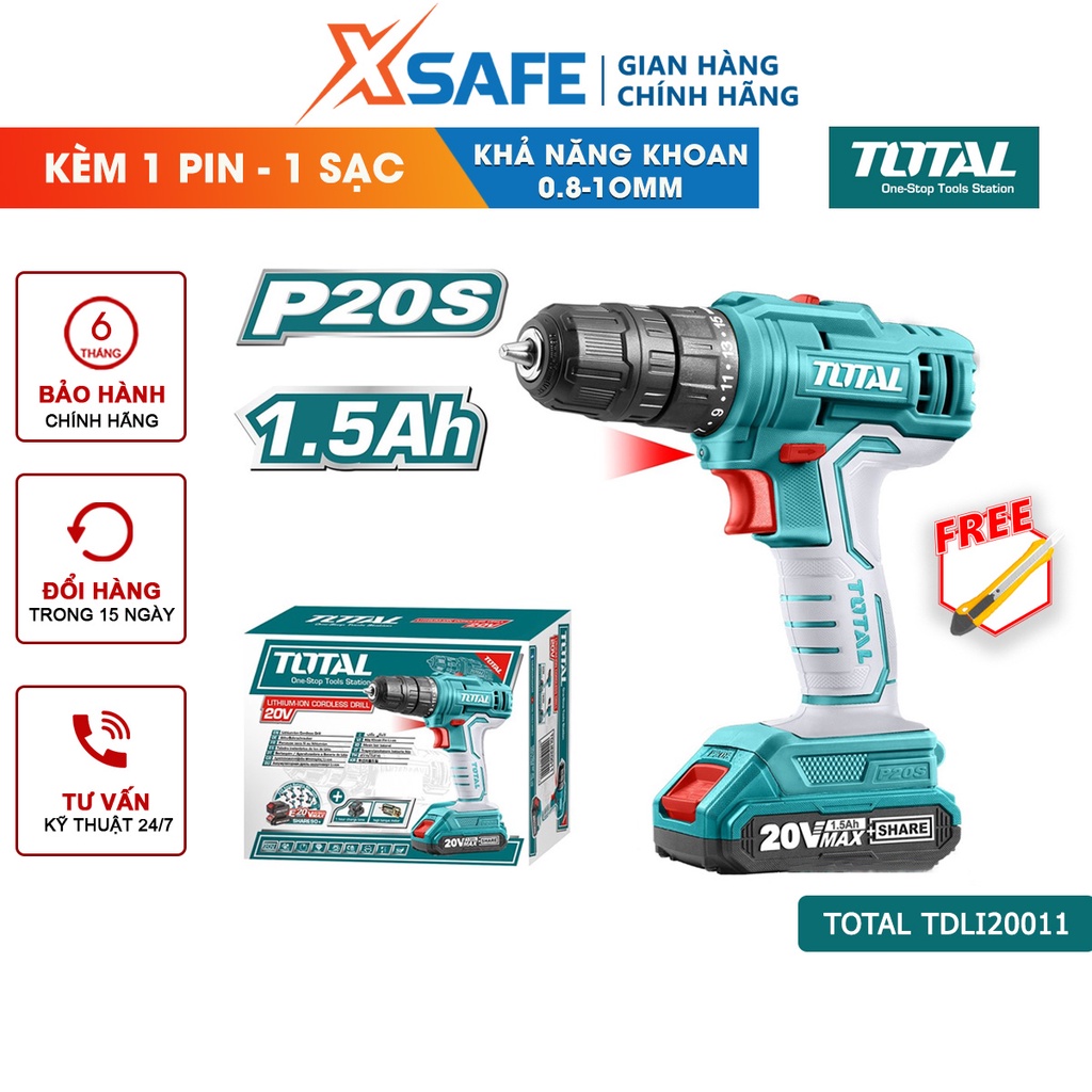 Máy khoan pin cầm tay 20V Total TDLI20011 hai tốc độ 400/1500v/p, siết 45nm, khả năng khoan 10mm, kèm theo 1 pin sạc