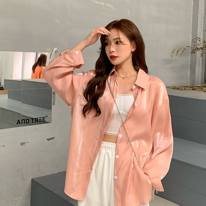 Áo sơ mi nữ dài tay màu hồng sáng nhũ phong cách cổ điển