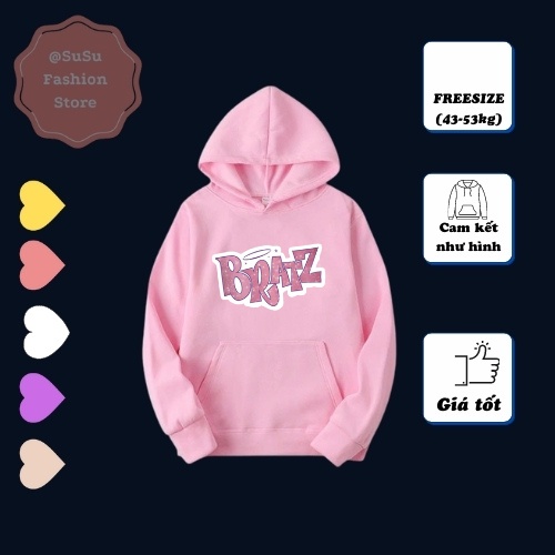 Áo Hoodie Nữ Màu Trắng Dài Tay Mùa Đông Chất Nỉ Mỏng Nam Nữ In Bratz Hồng Ấm Áp , Phong Cách,Mặc Đôi, Mặc Nhóm