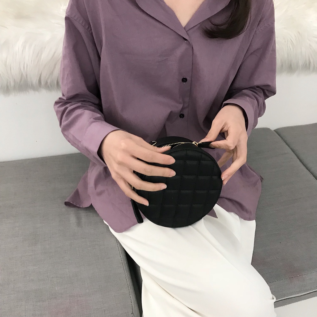 Túi đeo vai hình tròn mini phối dây xích phong cách Hàn Quốc