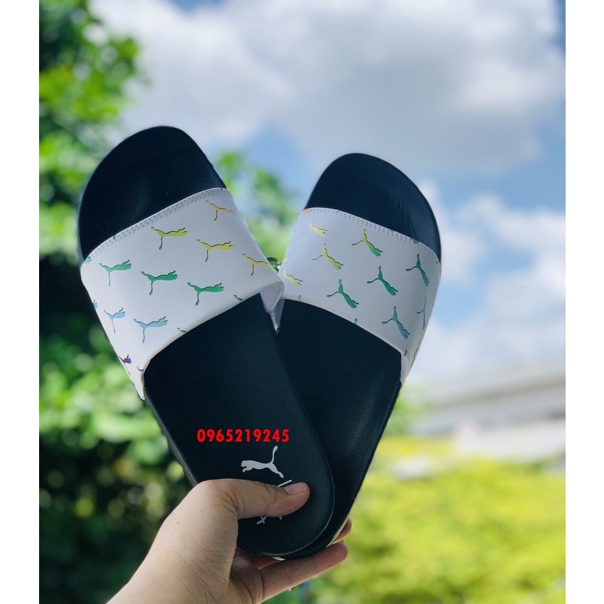 Dép unisex 𝐌𝐋𝐁 𝐏𝐔𝐌𝐀 FREESHIP + Hộp dép mlb bóng chày quai ngang thể thao nữ in PUMA đen quai trắng