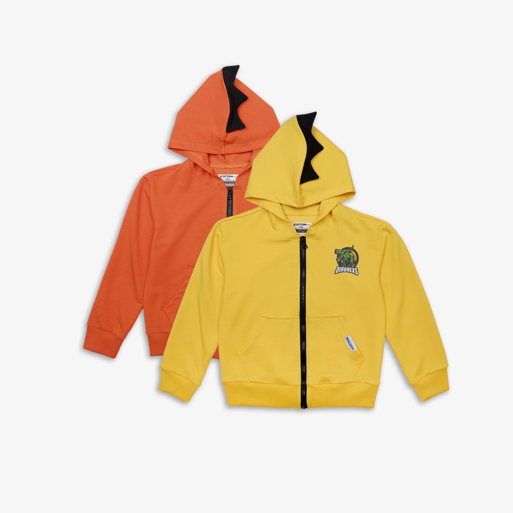 Áo phông bé trai hình khủng long Vàng Cam hoodie kéo khoá