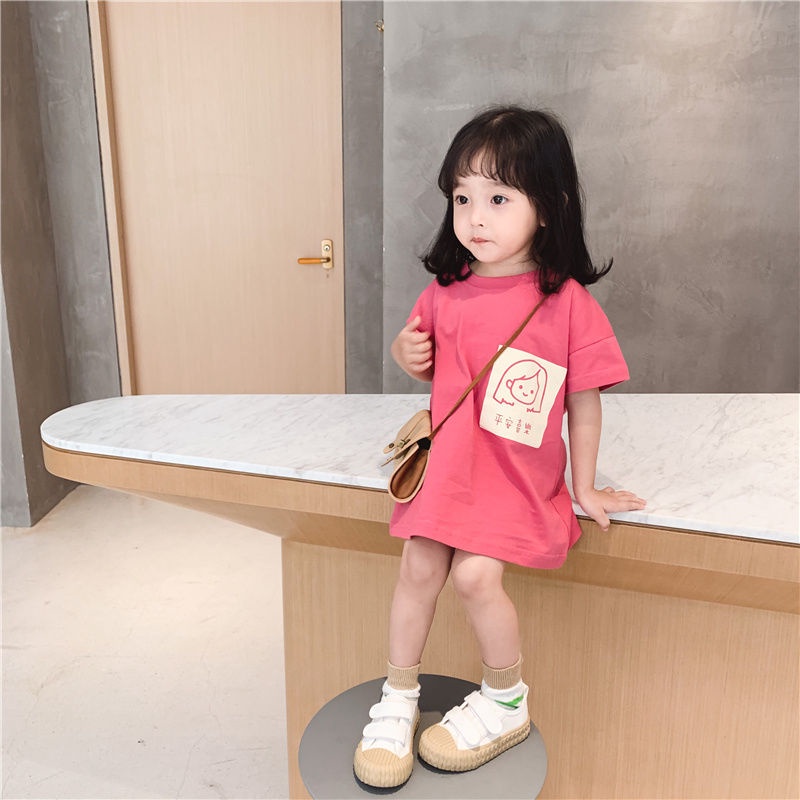 Đầm thun cotton tay ngắn thời trang mùa hè phong cách Hàn Quốc cho bé gái