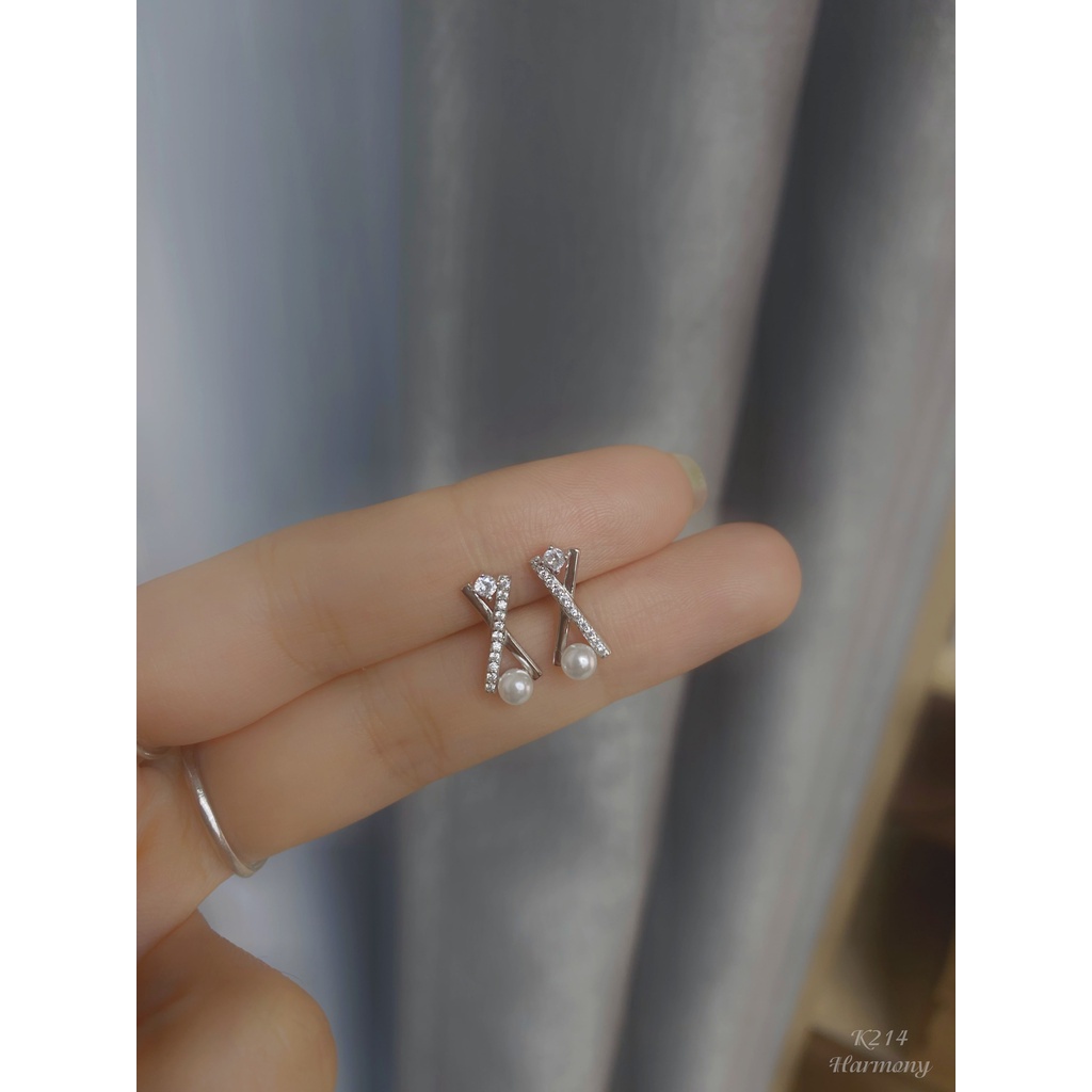 Bông tai, Khuyên tai nữ bạc mạ vàng Maris đính ngọc trai nhân tạo thiết kế chéo đính đá K214 | TRANG SỨC BẠC HARMONY