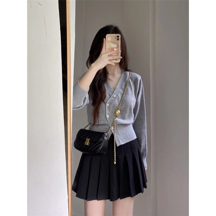 Bộ Áo Cardigan Dệt Kim Cổ Chữ V Phối Nút + Chân Váy Mini Thời Trang Cho