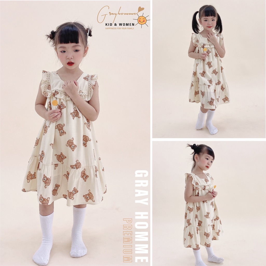 Váy Bé Gái Họa Tiết Gấu GRAYHOMME Chất Lanh cotton cao cấp mềm, nhẹ, siêu mát, cử động thoải mái VK006