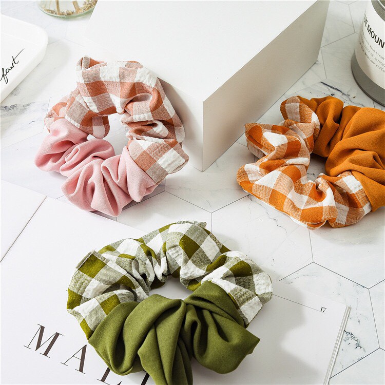 Dây cột tóc scrunchies vải phối màu caro - Mã SC006