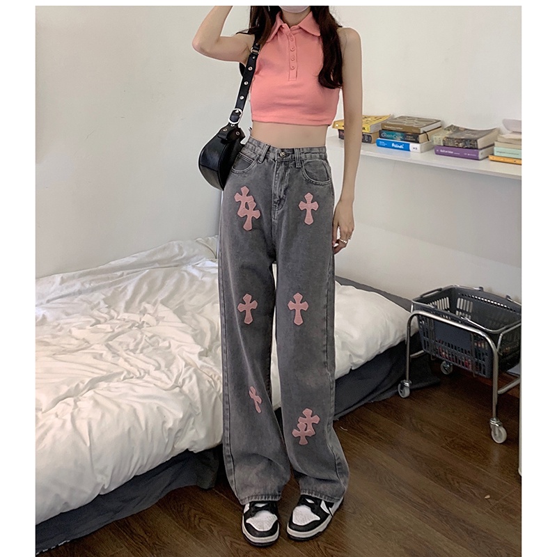 Quần Jeans Nữ Dài Ống Rộng Lưng Cao Thời Trang Hàn