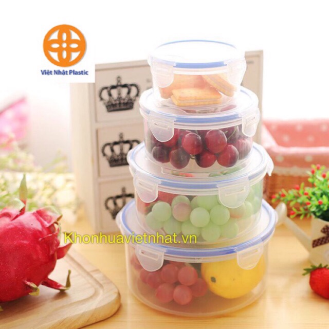 Bộ 3 hộp bảo quản thực phẩm Việt Nhật hộp tròn có nắp gài đựng thức ăn an toàn tiện dụng