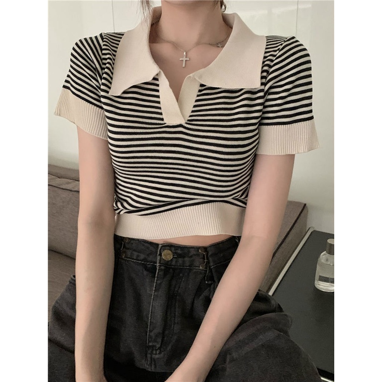 Áo polo Ngắn Tay Cổ Chữ V Họa Tiết Kẻ Sọc Thời Trang Mùa Hè Dành Cho Nữ