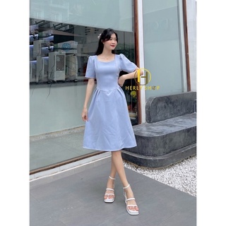 ĐẦM MIDI CỔ V XẾP LY EO TAY BỒNG