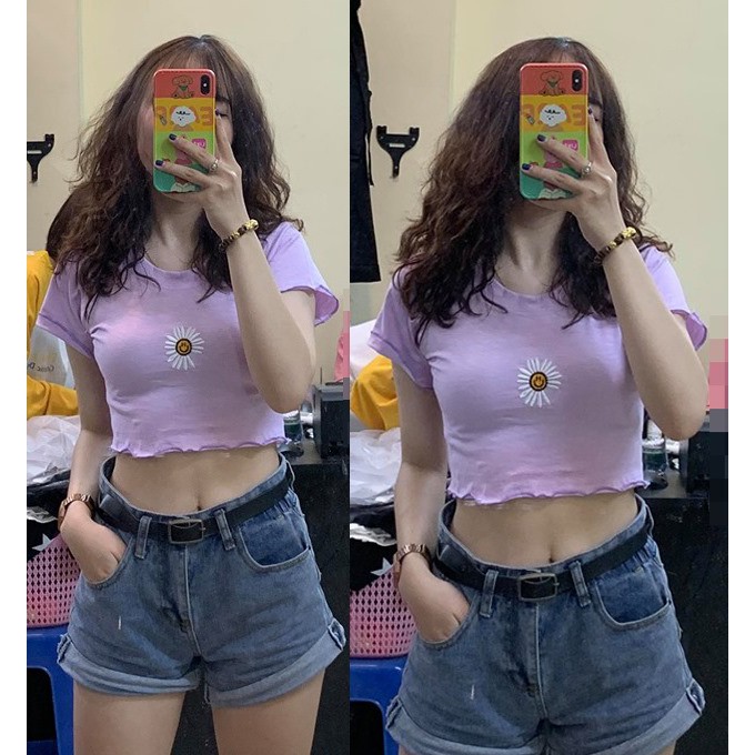 Áo thun croptop thêu hoa cúc mặt cười sẵn 4 màu | BigBuy360 - bigbuy360.vn