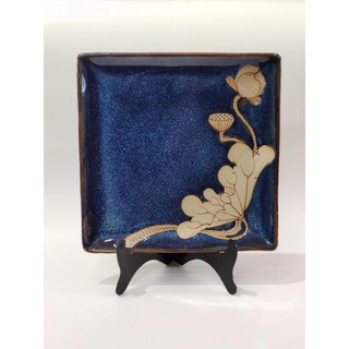 Đĩa vuông gốm sứ Bát Tràng cao cấp men hoả biến xanh khắc sen chìm