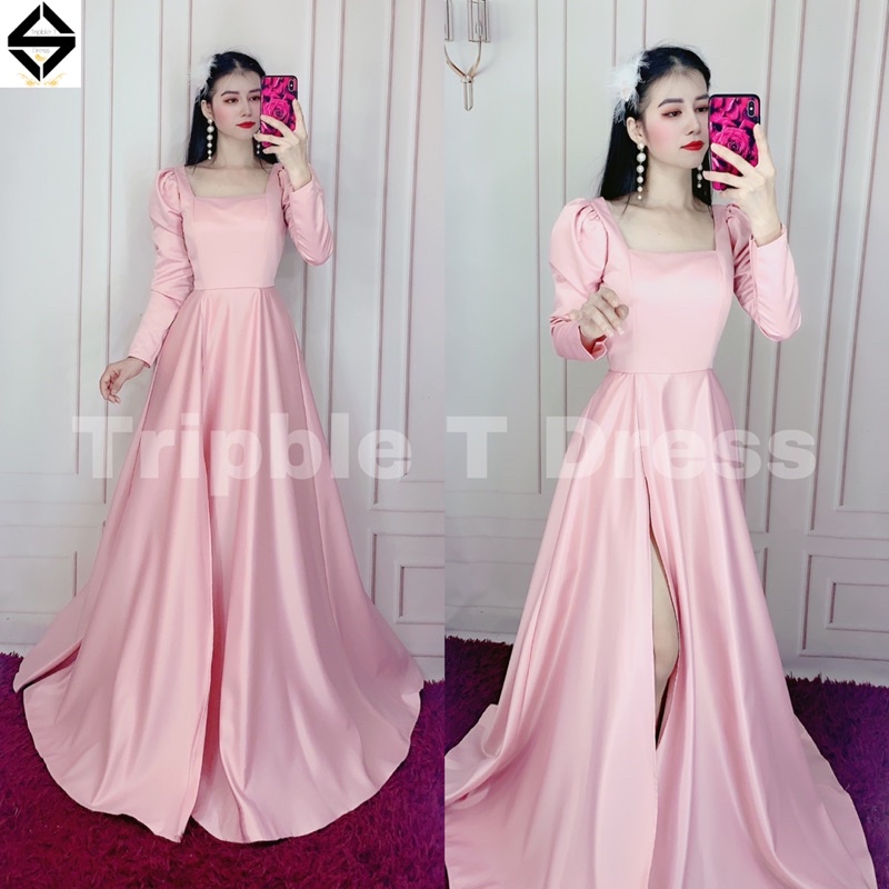Đầm maxi dự tiệc mặc cưới xẻ đùi tay dài cổ vuông TRIPBLE T DRESS-Size S/M/L- MS284V