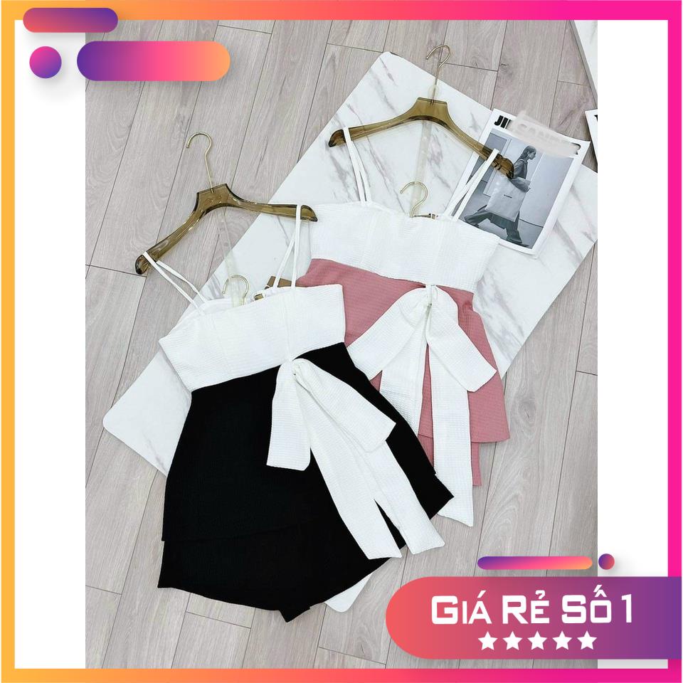 Đầm nữ 2 dây phối màu đính nơ eo tiểu thư, đầm bánh bèo xòe thắt nơ cực xinh xắn