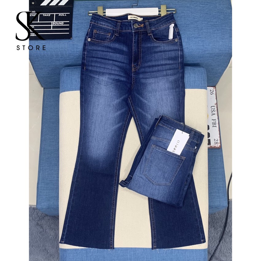 Quần Jeans Nữ SK Korea Ống Loe Màu Xanh Cổ Điển Tôn Dáng DWD2113001