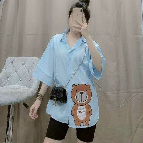Áo sơ mi tay ngắn cổ bẻ hình gấu bông mặt trước siêu xinh >56kg 😍B.C