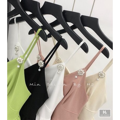 Váy đầm 2 dây cài tag nơ ngọc xếp ly xoè