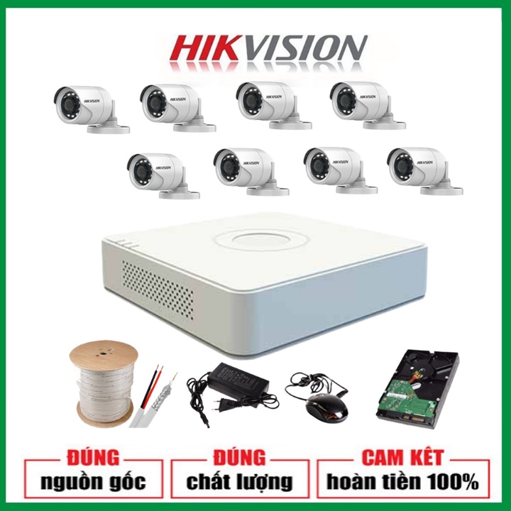 Bộ camera giám sắt HiKVISION 1080P - Trọn bộ 8 mắt 2.0MP FHD, Kèm HDD 1/2 TB, đầy đủ phụ kiện lắp đặt - BH 24 Tháng