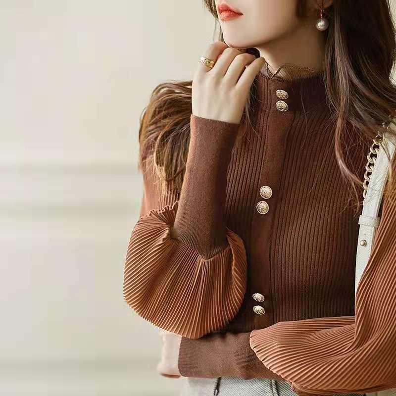 Áo Dệt Kim Cổ Lọ Tay Phồng Xinh Xắn Thời Trang Hàn Quốc