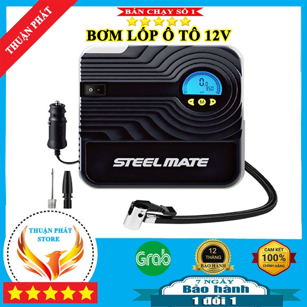 Bơm hơi mini 12v STEELMATE,Máy bơm xe ô tô 12v công suất 102W tự động ngắt,đèn LED chiếu sáng