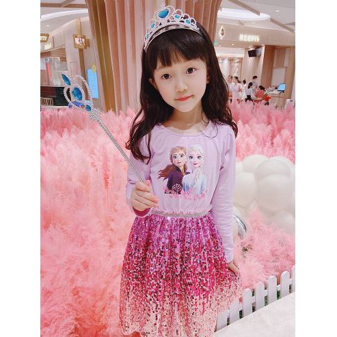 Váy Elsa Thu Đông 2021 Chất Cotton Da Cá, Đính Cườm Lấp Lánh Màu Xanh Nhạt và Tím Hồng